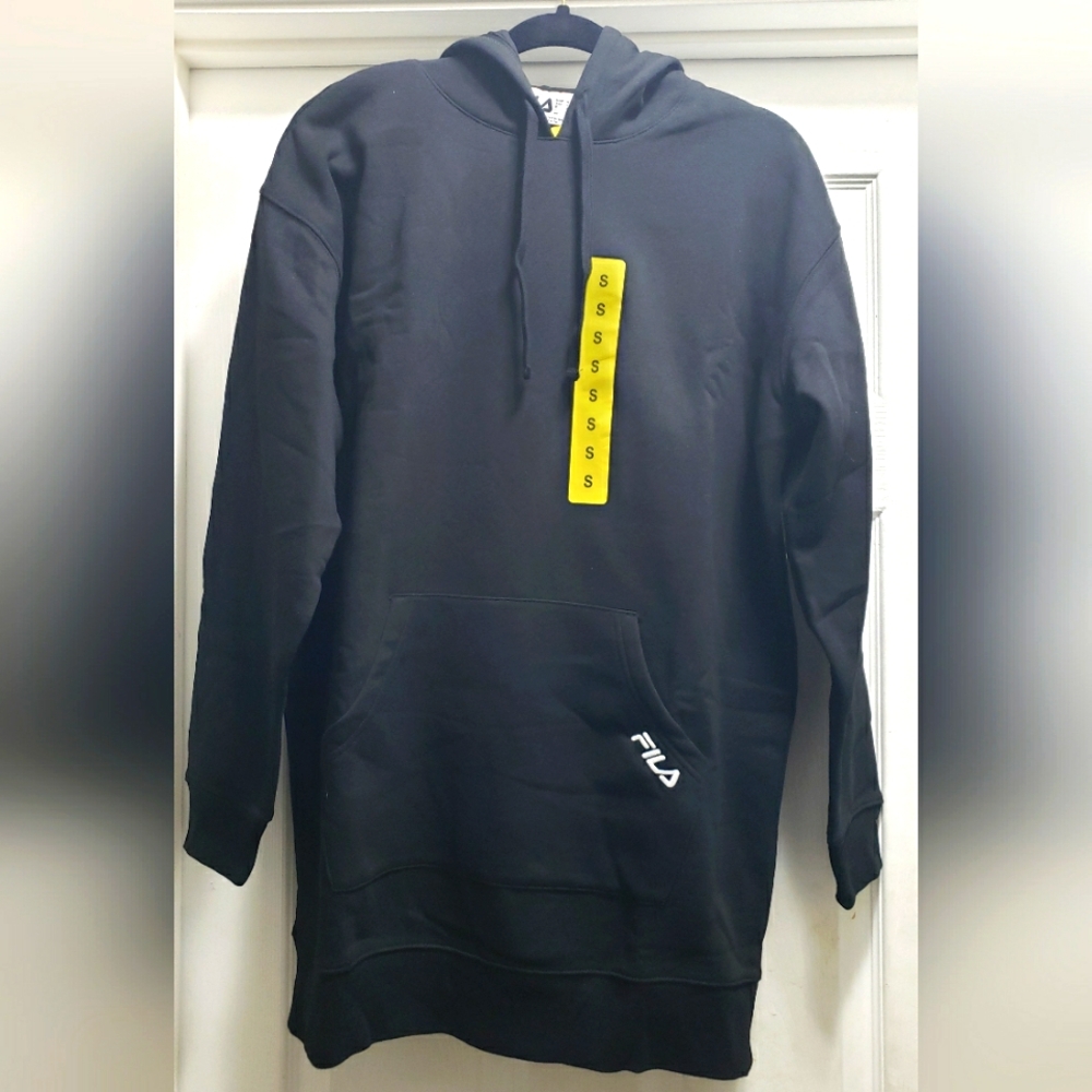 Fila Long Sleeve Black Hoodie Dress, Kangaroo pocket, Size Small NWT